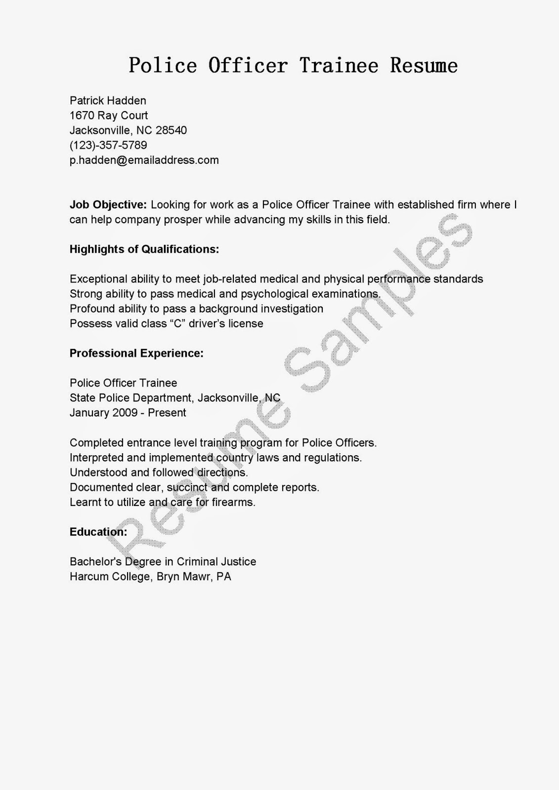 Objective section of resume for police officer